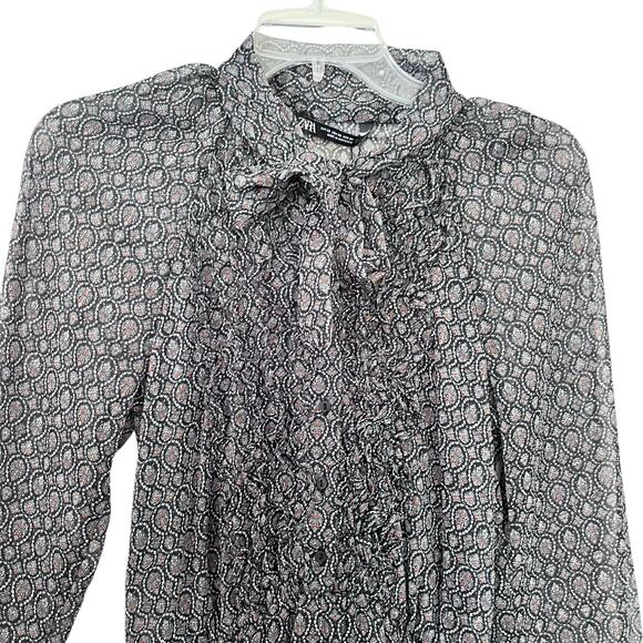 Zara Black Printed Chiffon Tie Neck Long Sleeve Sheer Romper Size XS NWT - Picture 3 of 13